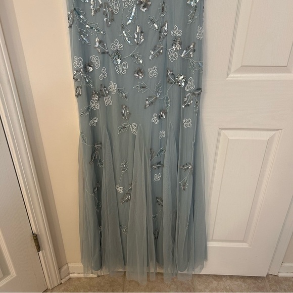ADRIANNA PAPELL V-Neck Short Sleeve Illusion Beaded Gown in Aqua Dust - Picture 8 of 12